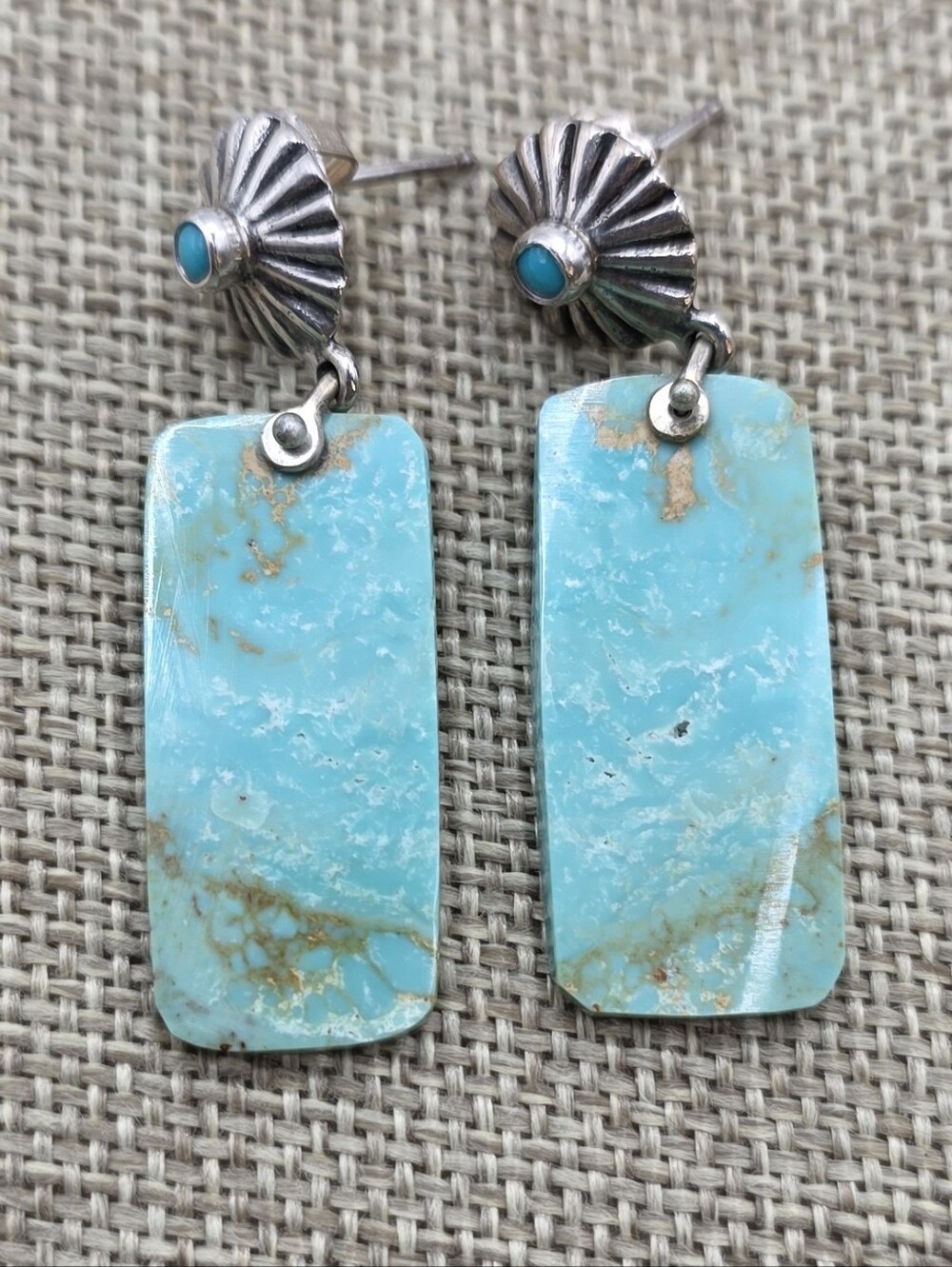 Artisan Turquoise And Rectangular Drop Earrings with 925 Silver Shell Studs